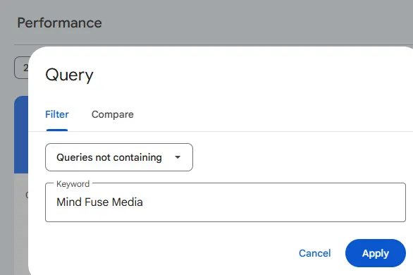 Google Search Console screen shot filtering out branded queries